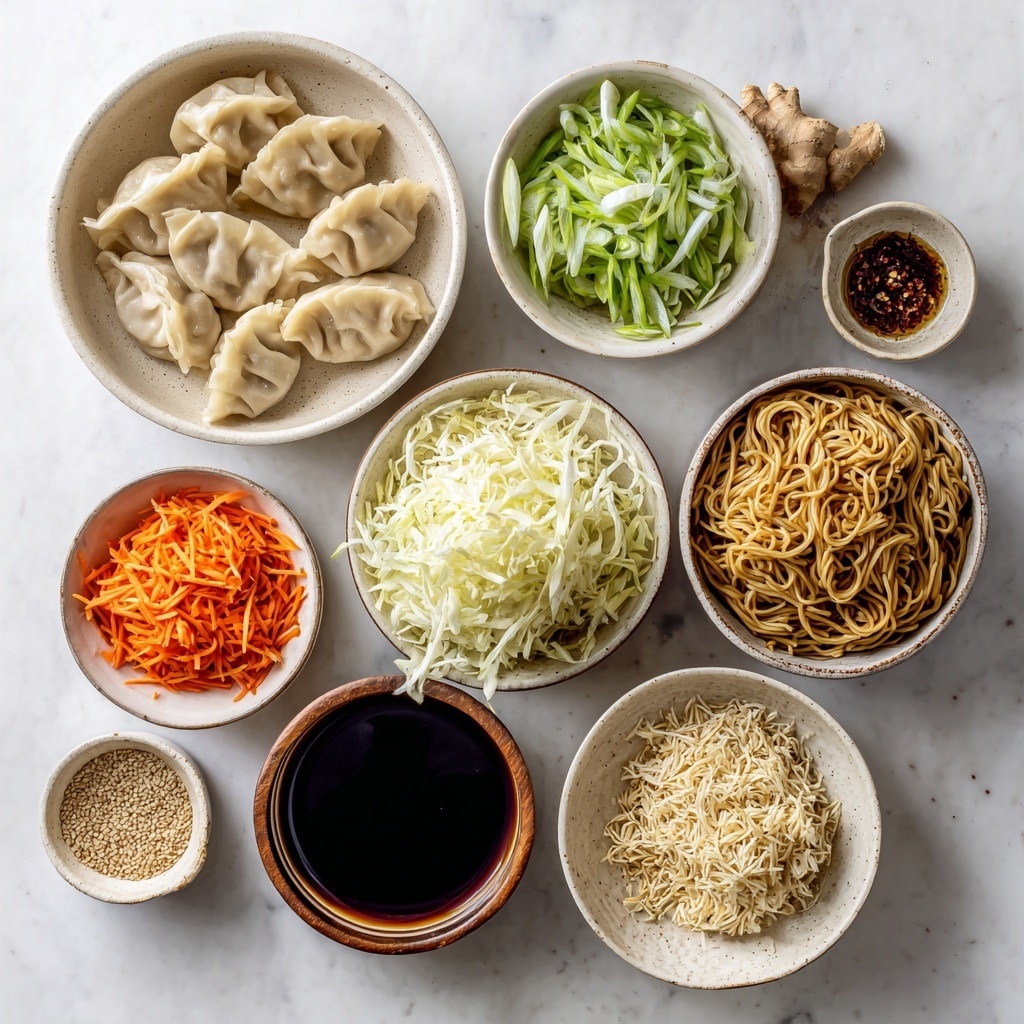 The image shows a black pan filled with a colorful dish of six plump dumplings resting on a bed of wide, flat noodles. Scattered around the dumplings are small browned meat pieces with a slightly crispy texture. Among the layers are thin strips of purple cabbage, bright green leafy vegetables, and thin orange carrot strips, all mixed with the noodles. The dish is sprinkled with white sesame seeds, adding detail and texture on top. The vegetables and dumplings give a mix of smooth, soft, and slightly glossy surfaces. The photo taken with an iphone --ar 4:5 --v 7