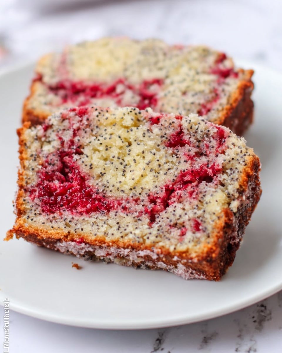 Two slices of berry poppy seed cake are placed on a white plate, showing a soft texture with visible poppy seeds mixed throughout the light beige cake. The cake has swirls of bright red berry filling running through it in uneven layers, creating a marbled effect. The edges of the slices are golden brown and crumbly, contrasting with the moist, speckled interior. The white marbled surface adds a clean, simple background to highlight the colorful cake layers. photo taken with an iphone --ar 4:5 --v 7