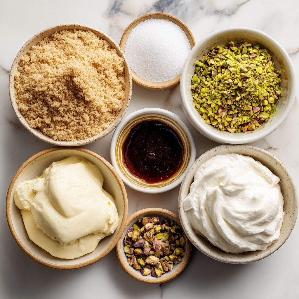 A slice of pale green pistachio mousse cake rests on a white plate with a white marbled texture in the background. The cake has three clear layers: a crumbly light brown crust at the bottom, a thick smooth pale green mousse middle layer, and a fluffy white whipped cream top layer that is piped with soft swirls. Small pieces of chopped pistachios are scattered on top of the mousse right below the whipped cream. Around the plate are some whole and cracked pistachio nuts. photo taken with an iphone --ar 4:5 --v 7