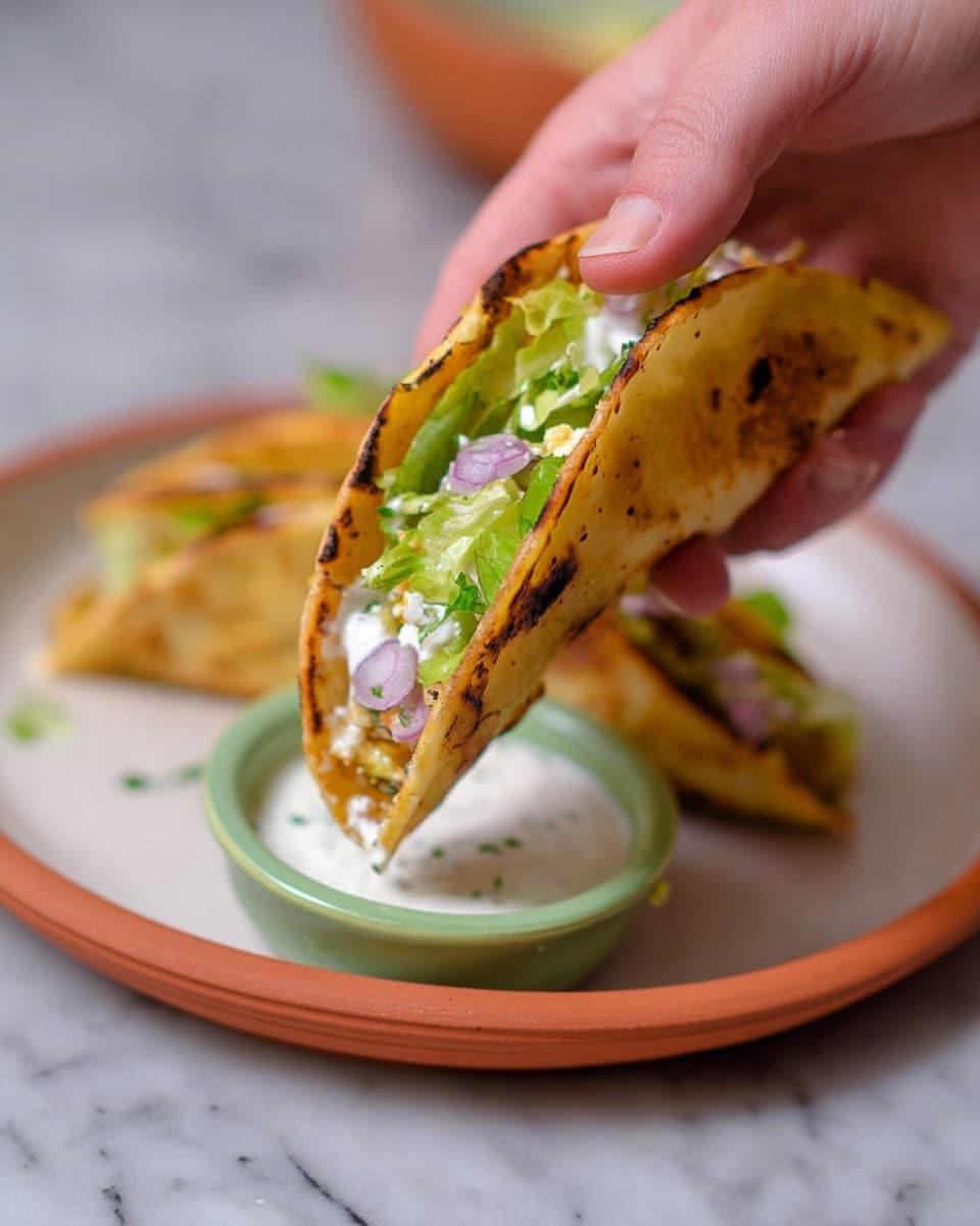 A woman's hand is holding a soft taco with three visible layers: the outer golden brown toasted tortilla with char marks, a middle layer of fresh green lettuce, and the innermost layer made of small pieces of light purple onion and white cheese. At the bottom of the taco, the filling lightly dips into a small green bowl filled with thick white sauce. In the blurry background, the white plate sits on a white marbled surface, holding more of the same tortilla with similar ingredients. The scene is warm and inviting, photo taken with an iphone --ar 4:5 --v 7