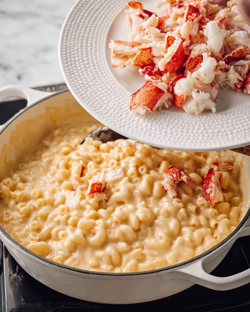 A white enamel pot holds creamy macaroni and cheese with a thick, smooth, pale yellow cheese sauce covering small macaroni noodles. Above the pot, a white plate with a textured rim is tilted, showing chunks of cooked lobster meat in white with bright red shell pieces being poured onto the macaroni. The lobster pieces are scattered over the creamy pasta, and the pot sits on a black stovetop with a white marbled surface in the background. A woman's hand is holding the plate. photo taken with an iphone --ar 4:5 --v 7