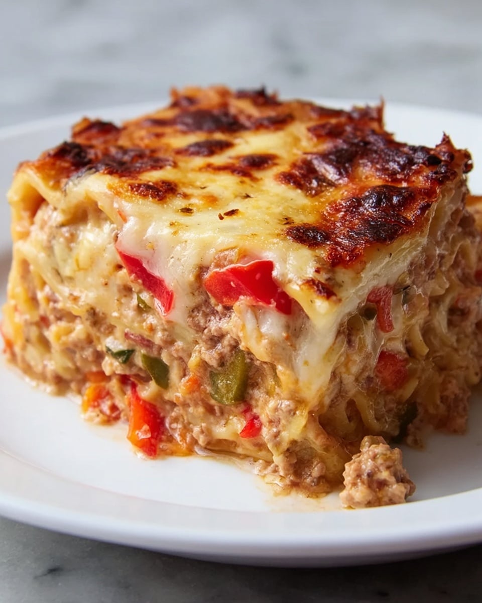 A close-up of a piece of lasagna placed on a white plate on a white marbled surface. The lasagna has four layers: the bottom layer is a mix of pasta and a light brown meat sauce, the second layer shows chunks of red bell peppers mixed with a creamy beige cheese filling, the third layer is another mix of pasta and a meat-vegetable sauce with small green and red bits, and the top layer is melted, browned cheese with a slightly golden texture spreading over the edges. Photo taken with an iphone --ar 4:5 --v 7