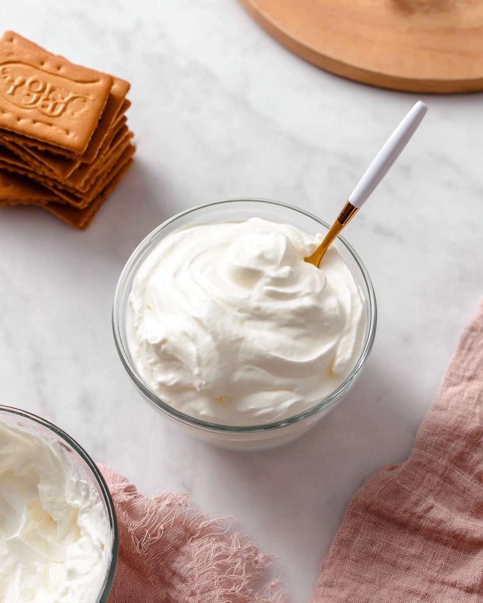 A clear glass cup filled with a creamy white whipped mixture with a shiny smooth texture, a white and gold spoon resting inside the cup. To the left side, a stack of three brown rectangular Lotus biscuits with the brand name visible, and part of another glass bowl with the same white whipped mixture seen in the bottom left corner. On the right side at the edge, a light pink textured cloth and a round wooden board partially visible on a white marbled surface. photo taken with an iphone --ar 4:5 --v 7
