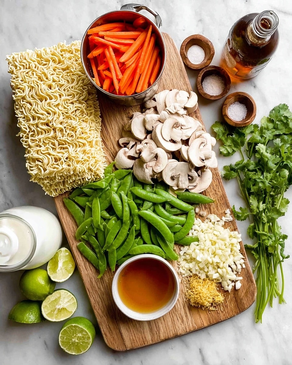 Two rectangular blocks of uncooked yellow ramen noodles lie at the bottom left on a wooden cutting board placed over a white marbled surface. Above the noodles, there is a heap of thin orange carrot sticks sitting inside a silver measuring cup. Next to the carrots, a pile of bright green snap peas spreads towards the center of the board. To the right of the peas, there are several white and brown sliced mushrooms arranged in a scattered way. Below the mushrooms and peas, there is finely chopped white garlic. Near the bottom center of the board, there is a small white bowl filled with amber-colored liquid, beside a small pile of minced yellow ginger. Dispose outside the board at the bottom right are several leafy green cilantro stems. Surrounding the board are a bottle filled with light brown liquid, several lime wedges, a small jar of dark sauce, a white container of milk, and small wooden bowls with salt and pepper. Photo taken with an iphone --ar 4:5 --v 7