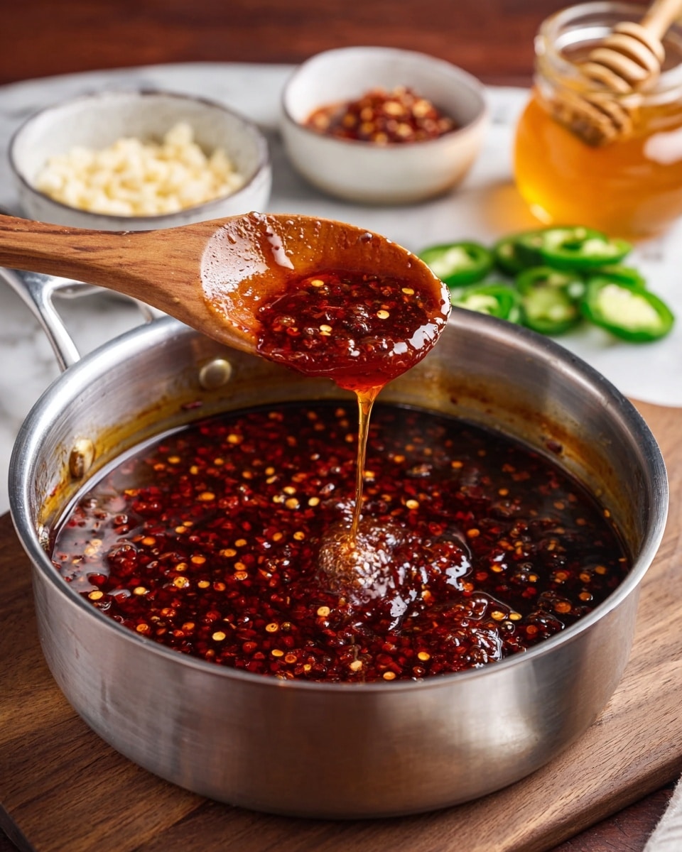A close-up of a silver saucepan filled with thick, dark red chili oil sauce with many small chili flakes floating in it. A wooden spoon lifts the glossy, oily sauce, and a thin stream drips back into the pan. In the blurred background, there are small white bowls filled with finely chopped garlic and red chili flakes, a glass bowl of golden honey with a honey dipper, and sliced green jalapeños, all on a wooden surface with a white marbled texture underneath. photo taken with an iphone --ar 4:5 --v 7