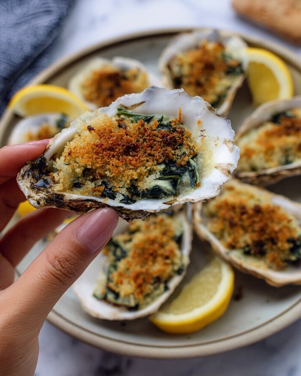 The image shows a close-up of an oyster shell being held by a woman's hand. The oyster inside has three layers: a base layer of tender, dark green spinach, a middle layer of creamy white sauce mixed with bits of the oyster, and a top layer of golden brown, crunchy breadcrumbs. The oyster shell is white with some natural brown marks. Below, there is a round plate filled with more oysters prepared the same way, all placed on a white marbled surface. Wedges of lemon are also visible on the plate. photo taken with an iphone --ar 4:5 --v 7