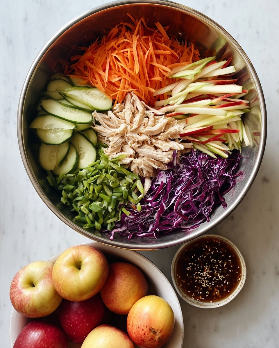 A metal bowl is filled with six distinct layers of fresh ingredients arranged in sections. Starting from the top left and moving clockwise, there are thin orange carrot strips, light green cucumber slices, thin pale apple sticks with red edges, shredded light brown chicken pieces sprinkled with green onion strips, peeled and finely shredded purple cabbage, and long, thin green onions. To the top right side of the bowl, there is a small round white bowl filled with a dark brown sauce with sesame seeds. Below the metal bowl, a white marbled surface holds a white bowl filled with whole apples in different shades of red and yellow. Photo taken with an iphone --ar 4:5 --v 7