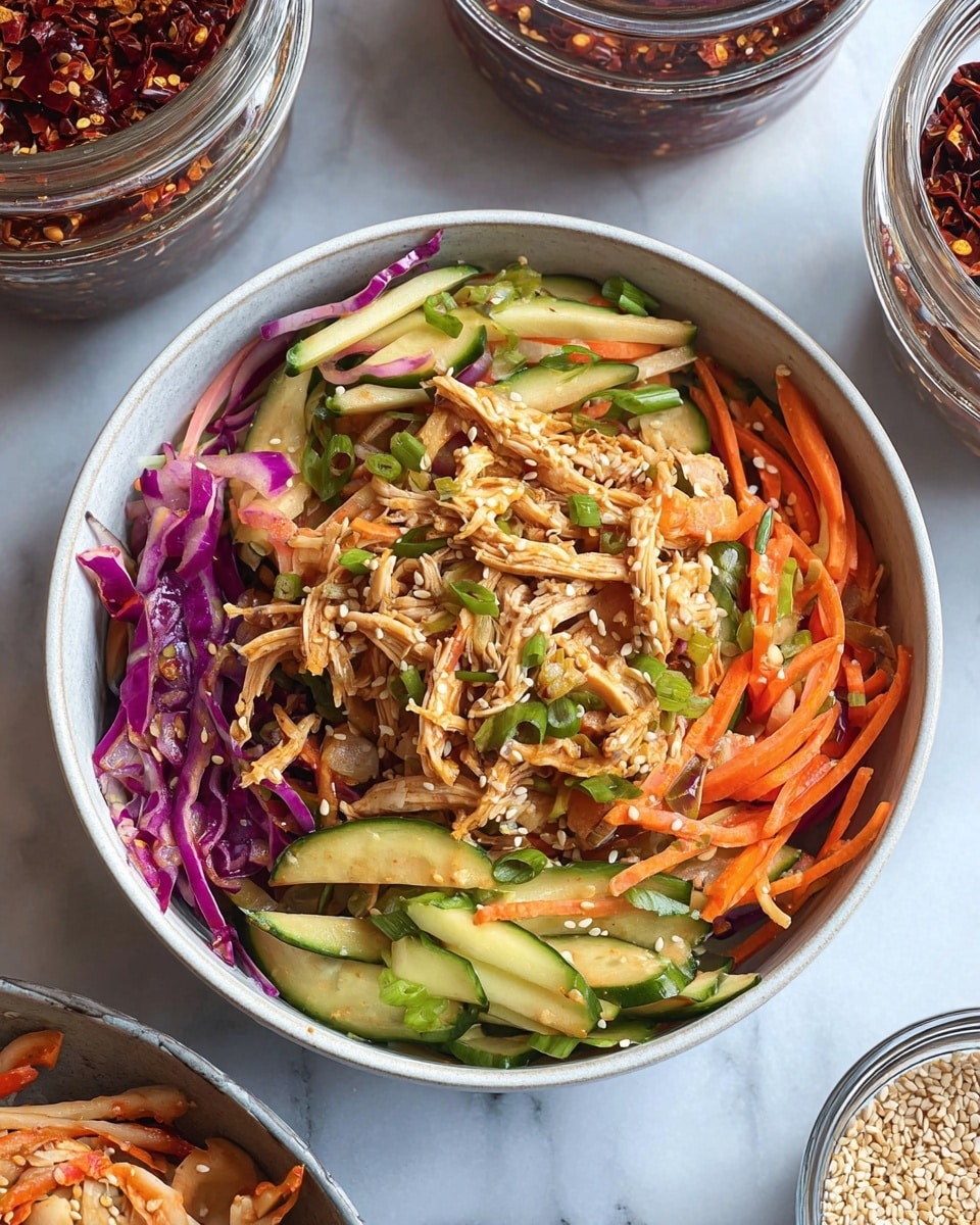 A white bowl filled with a colorful salad showing three main layers: the bottom layer is sliced cucumber with green skin and light flesh, the middle layer has thin strips of orange carrot and purple cabbage, and the top layer features shredded light brown chicken mixed with green scallions and sprinkled with small white sesame seeds. The bowl sits on a white marbled surface, with parts of similar bowls and small glass jars filled with red chili and sesame seeds visible around it. Photo taken with an iphone --ar 4:5 --v 7