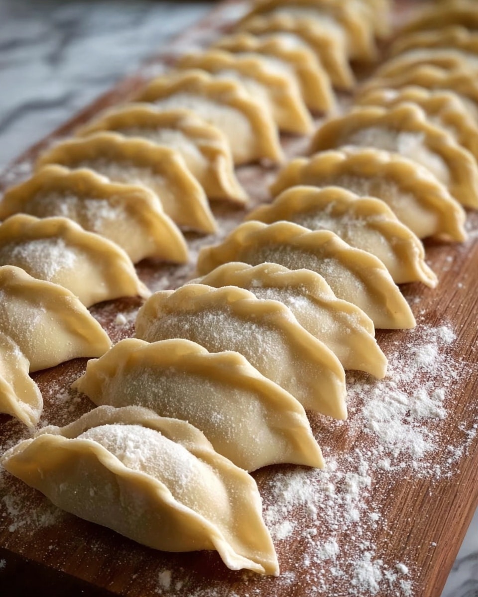 Rows of uncooked dumplings are placed closely together on a wooden board dusted with white flour. Each dumpling has a pale yellow dough with a crimped edge and a slightly puffy, soft texture. The dumplings are arranged in neat parallel lines, showing their uniform size and shape. The background features a white marbled surface. photo taken with an iphone --ar 4:5 --v 7