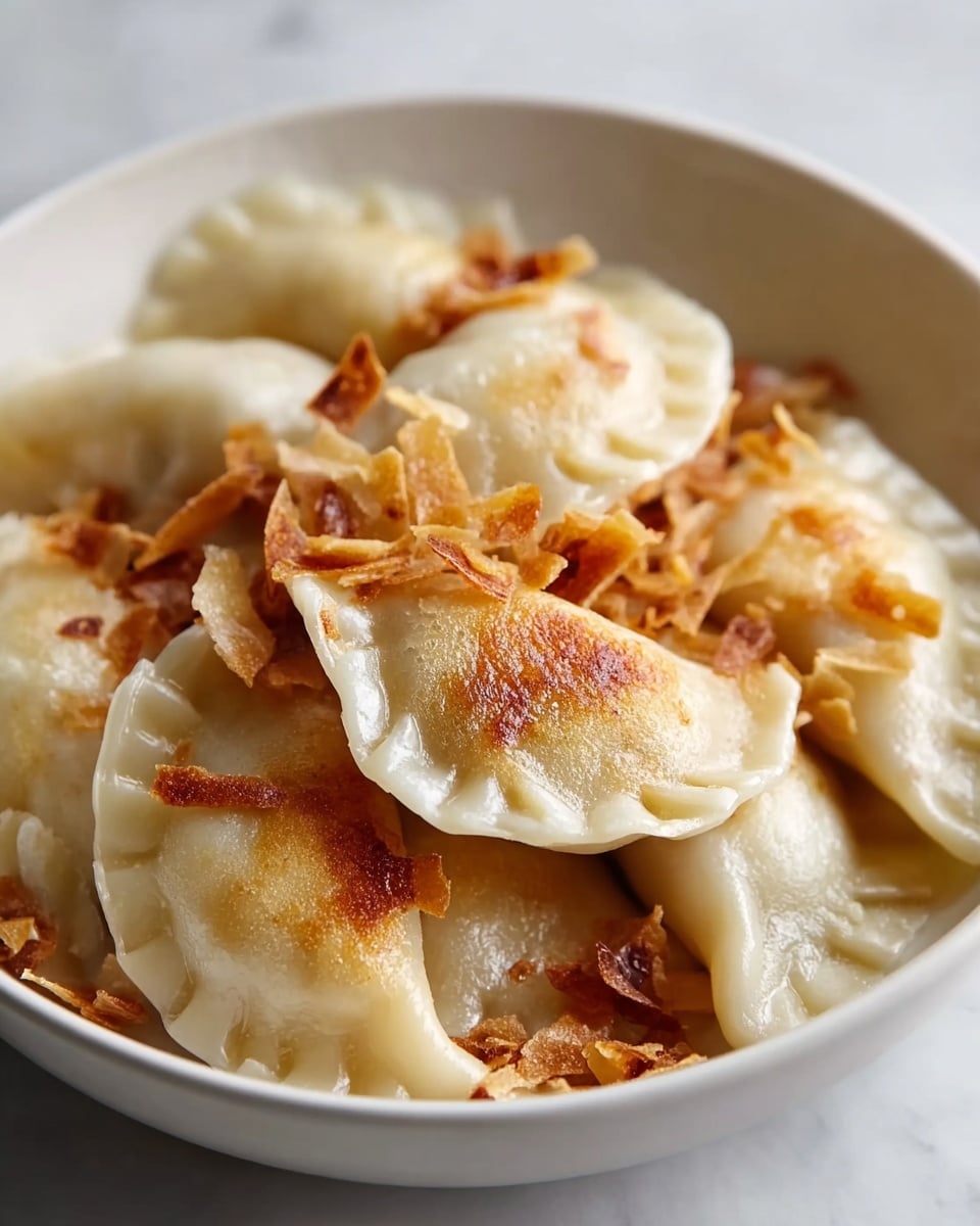 A white bowl filled with several half-moon shaped dumplings that have a soft, slightly browned surface on one side. The dumpling dough is pale white with a smooth texture, and some edges show a crimped pattern. On top of the dumplings are scattered thin, golden-brown crisp pieces that add a crunchy texture and a rich color contrast. The bowl is placed on a white marbled surface. photo taken with an iphone --ar 4:5 --v 7