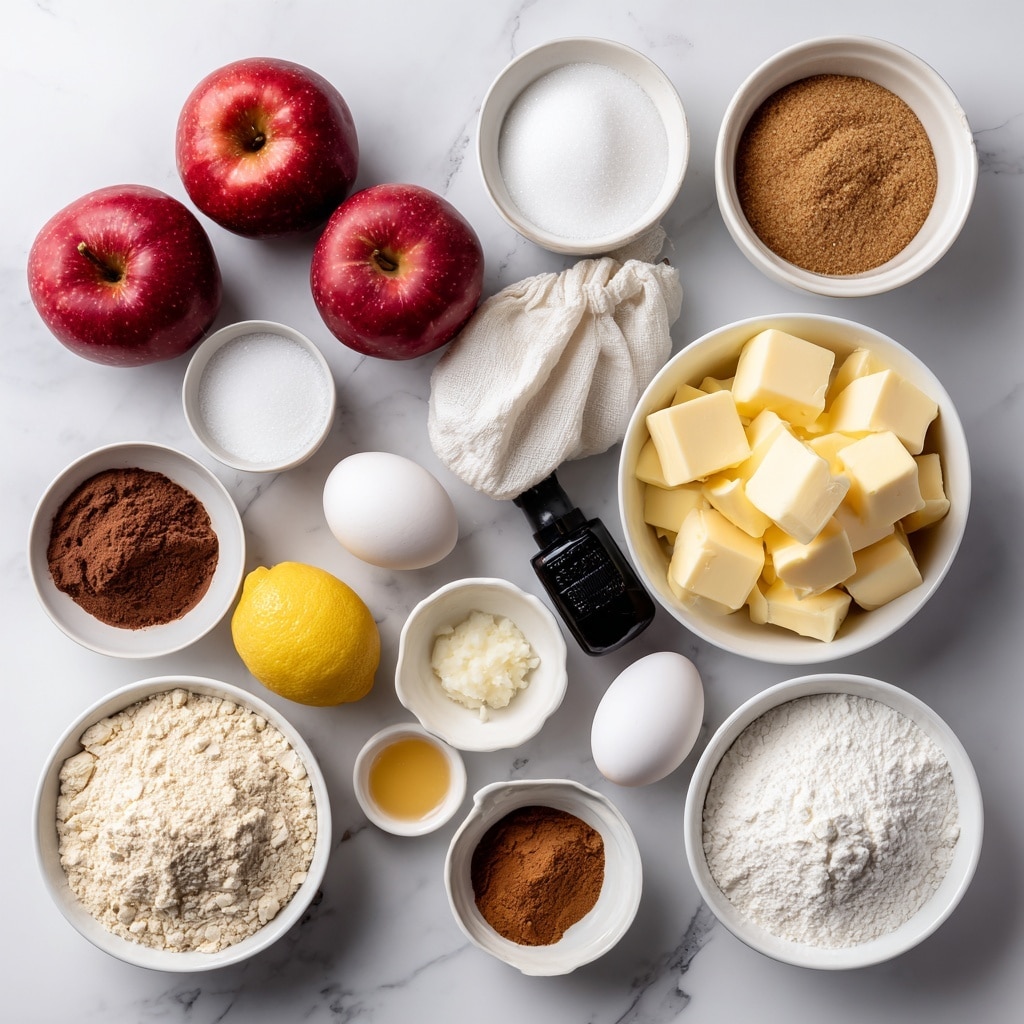The image shows various ingredients on a white marbled surface, all placed in white bowls or containers except the two eggs and the vanilla bottle. There are three red apples with a small white cloth bag above them. A small white bowl with salt sits near the apples. Larger white bowls hold granulated sugar, dark brown sugar, flour, and cubed unsalted butter, each showing distinct colors and textures—white powder, dark and moist brown sugar, pale yellow butter cubes. Smaller white bowls contain cinnamon, baking soda with cream of tartar, and cornstarch, all with fine powdery textures. Two white eggs sit next to a black vanilla bottle. A lemon is placed beside the granulated sugar bowl. The layout is neat with each ingredient clearly visible and defined. Photo taken with an iphone --ar 4:5 --v 7