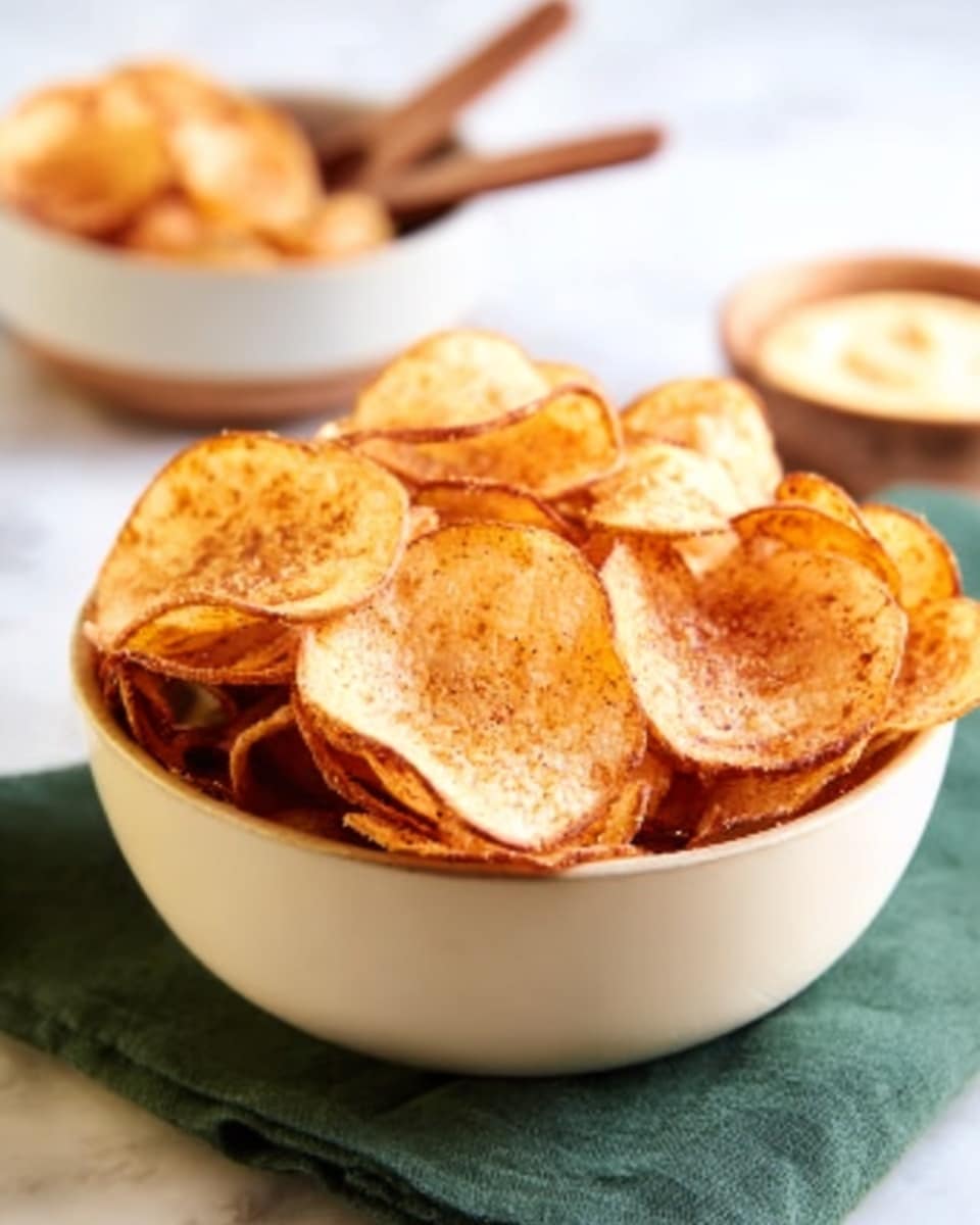 A white bowl filled with light brown, thin, round potato chips stacked in layers, showing crispy texture and slight golden spots on the edges. The bowl rests on a green cloth placed on a white marbled surface. In the background, there is a blurred white bowl with a creamy light yellow dip and wooden spoons, adding a soft contrast. Photo taken with an iphone --ar 4:5 --v 7