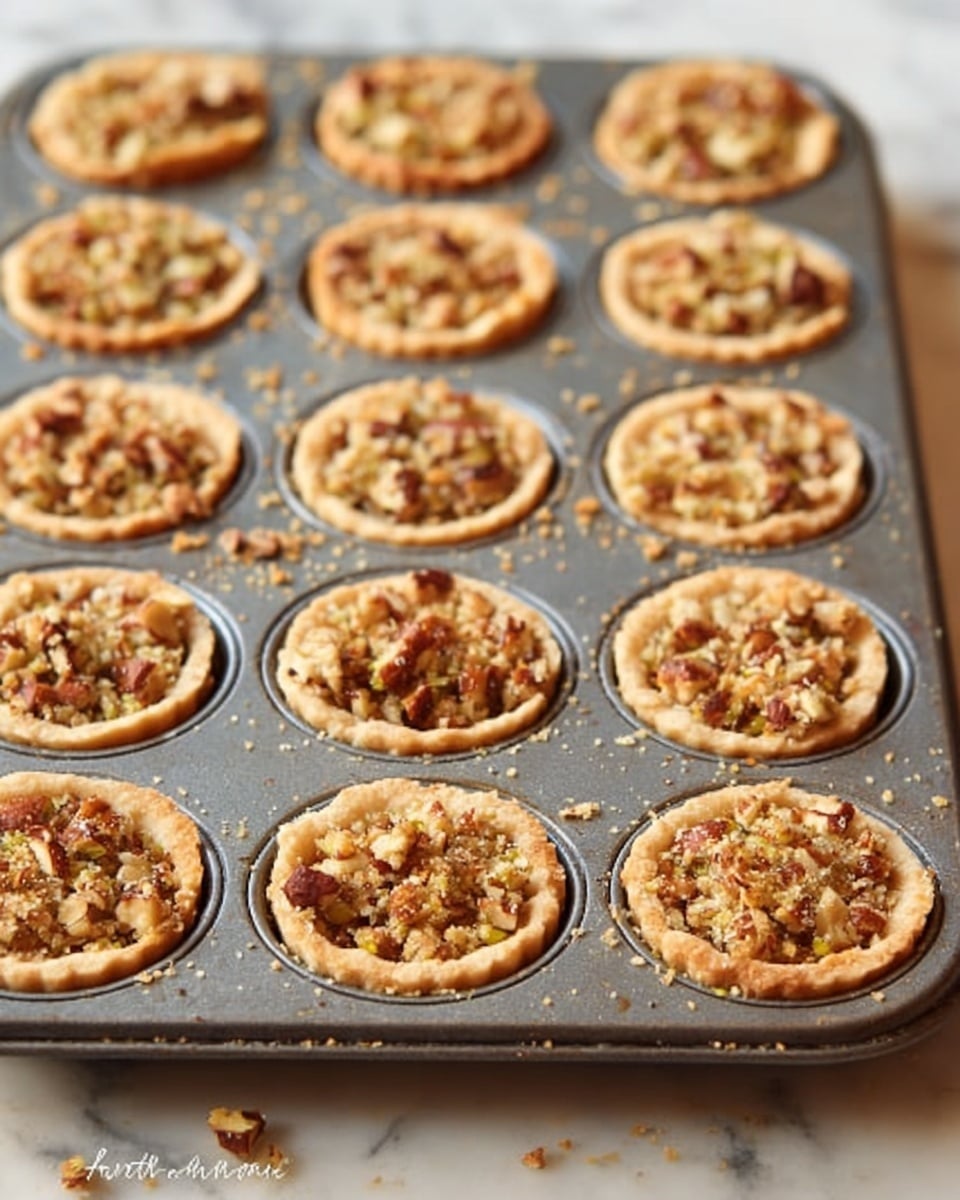 A metal tray holds 18 small tarts, each with a golden brown crust that forms a shallow cup. Inside each tart is a mix of chopped nuts in various shades of light brown, tan, and beige, giving a textured, crunchy look. The tarts are evenly spaced in the tray, with some crumbs scattered around them. The tray sits on a white marbled surface, adding a clean and bright background. photo taken with an iphone --ar 4:5 --v 7