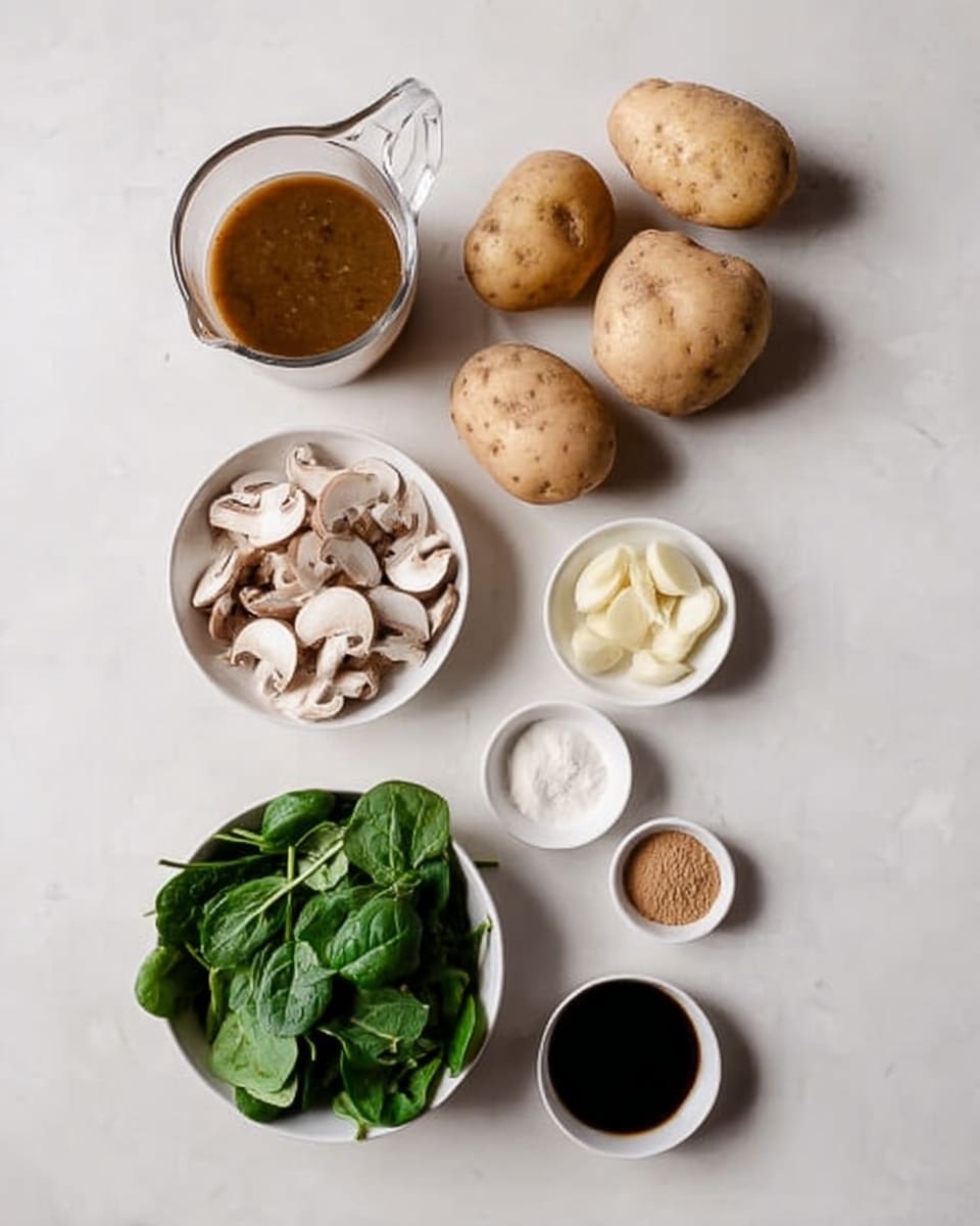 The image shows a top view of various raw ingredients placed on a white marbled surface. There are four light brown whole potatoes positioned in the upper right area. Below them to the left is a transparent measuring cup filled with a medium brown liquid. A white bowl filled with thinly sliced mushrooms sits below the measuring cup. Next to it on the lower left is another white bowl filled with fresh green spinach leaves. Below the mushrooms, there is a small white bowl containing several slices of garlic. To the right of the garlic bowl, three small white bowls hold different powders and a white creamy substance, aligned vertically. Finally, near the bottom center is a small white bowl with a very dark liquid inside. photo taken with an iphone --ar 4:5 --v 7