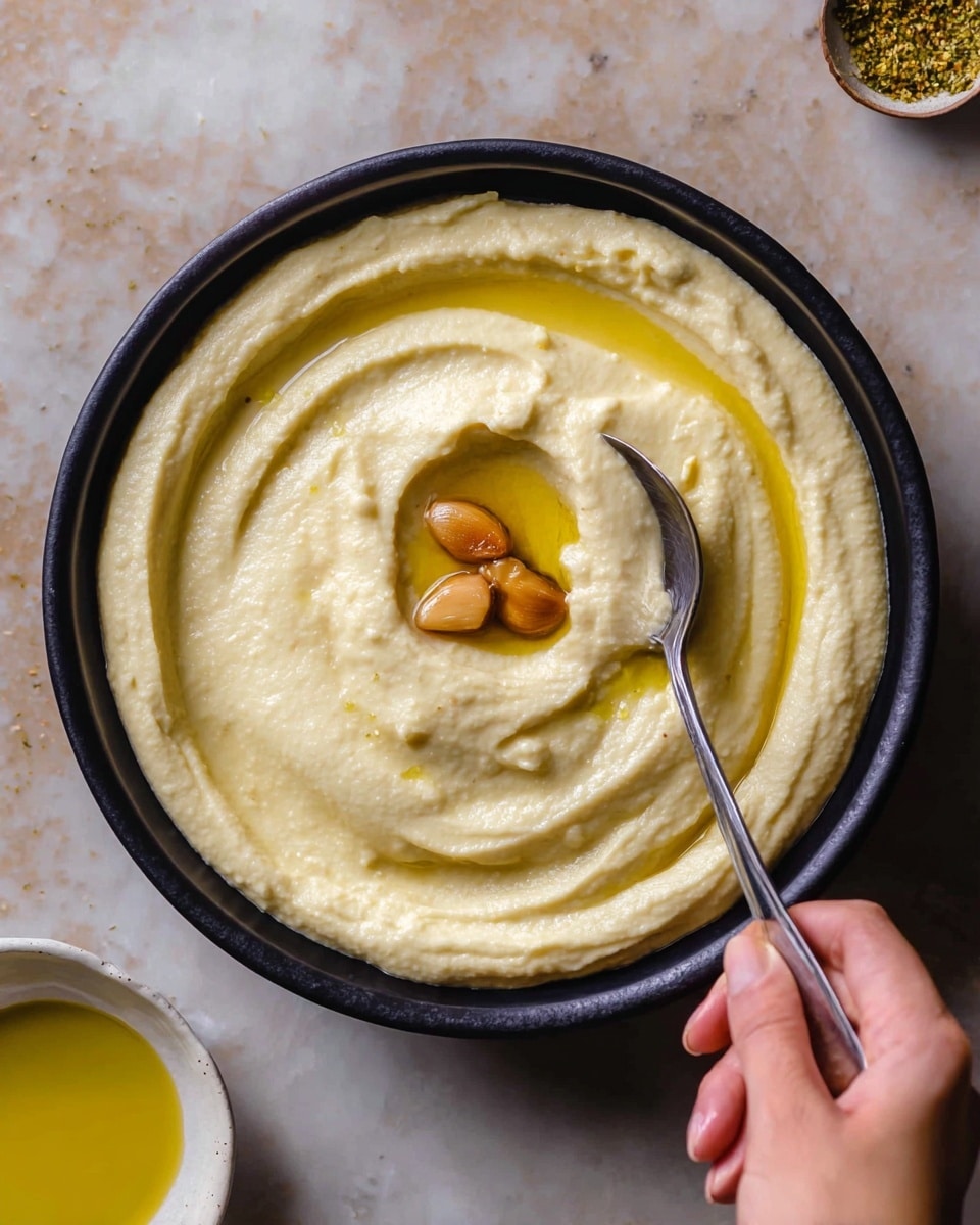 A close-up image shows two large yellow potatoes with a smooth, dull texture placed on a dark wooden surface alongside a small white flower-shaped bowl holding two pale yellow rectangular butter pieces with soft edges. Behind them, a black plate holds fresh green herbs with thin stems and small leaves, including sprigs of thyme on the right and broad sage leaves on the left. On the same plate, a small round wooden bowl contains two whole garlic bulbs with white papery skins, some of which are peeling away to show the cloves inside. The overall image is warm and rustic, displayed on a dark wooden surface with the ingredients thoughtfully arranged. photo taken with an iphone --ar 4:5 --v 7