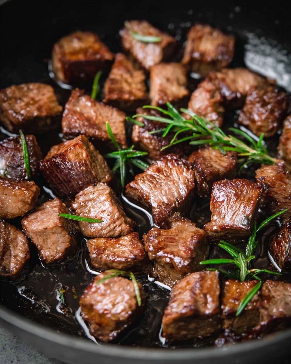 The image shows many small cubes of cooked beef in a black pan. The beef pieces have a brown color with a shiny, slightly oily texture from cooking. They are irregular in shape and size, with some parts darker and more caramelized. There are also small green sprigs of rosemary scattered on top, adding a fresh touch. The pan's surface is black and slightly glossy with some oil visible around the beef pieces. photo taken with an iphone --ar 4:5 --v 7