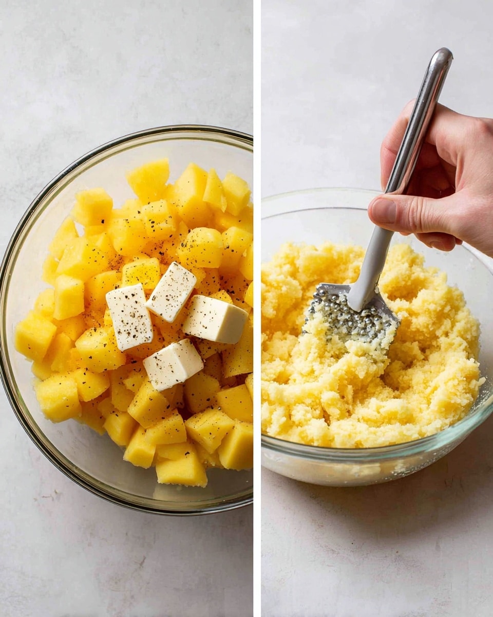 The left side shows a clear glass bowl filled with bright yellow cubed potatoes, topped with three small pieces of light yellow butter and sprinkled with black pepper and white salt, all sitting on a white marbled surface. The right side shows the same bowl with the yellow potatoes now mashed into a coarse, soft-textured mixture with some small chunks still visible, and a woman's hand holding a stainless steel potato masher pressed into the bowl, with a small piece of butter on top of the mash. Photo taken with an iphone --ar 4:5 --v 7