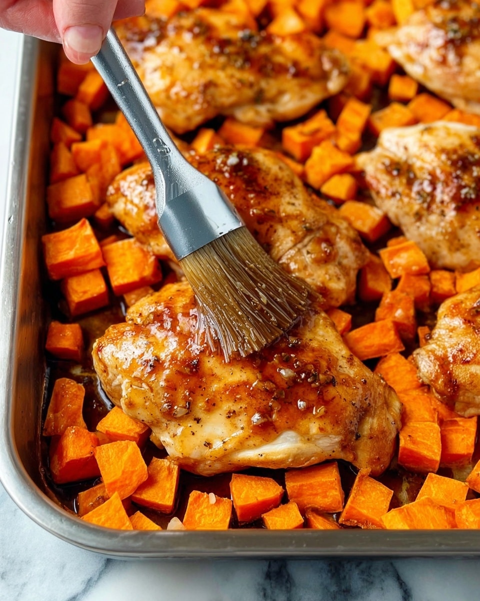 The image shows a close-up of a metal pan filled with golden brown cooked chicken pieces surrounded by bright orange diced sweet potatoes. The chicken breasts have a shiny glaze on top, with visible small bits of sauce or seasoning. A woman's hand is using a silver brush to spread the glaze over the center chicken piece. The orange sweet potatoes fill all the gaps around the chicken, adding a bright, textured layer beneath and beside the chicken pieces. The pan rests on a white marbled surface. photo taken with an iphone --ar 4:5 --v 7