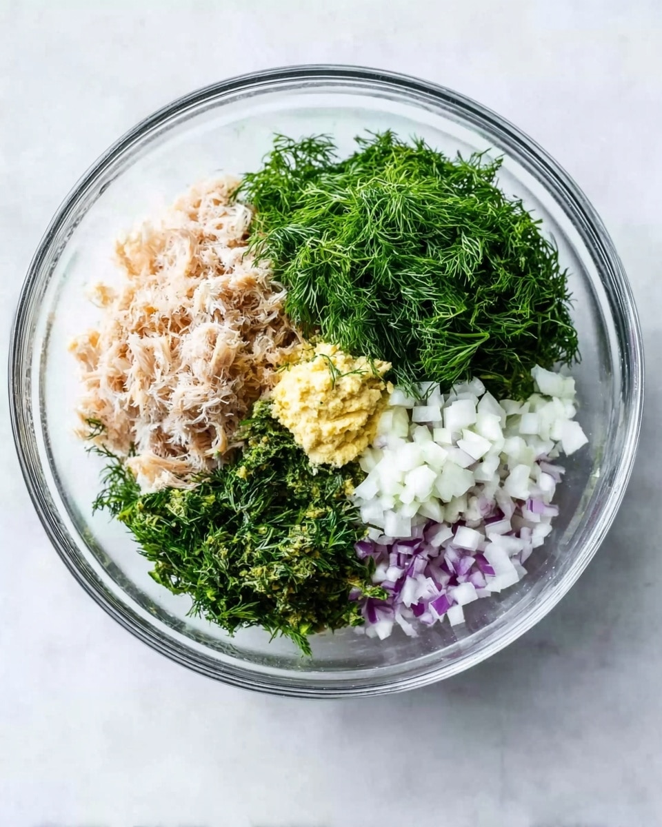 A clear glass bowl sits on a white marbled surface, containing four distinct layers of ingredients arranged side by side. One layer is light brown and finely shredded, next to a pile of fresh green dill with a feathery texture. Adjacent to the dill are small white chopped pieces, and beside them is a pale yellow dollop of mustard. Finally, a small amount of finely chopped light purple onion completes the mix. The image is bright and clean, capturing the details and colors of each ingredient clearly. photo taken with an iphone --ar 4:5 --v 7