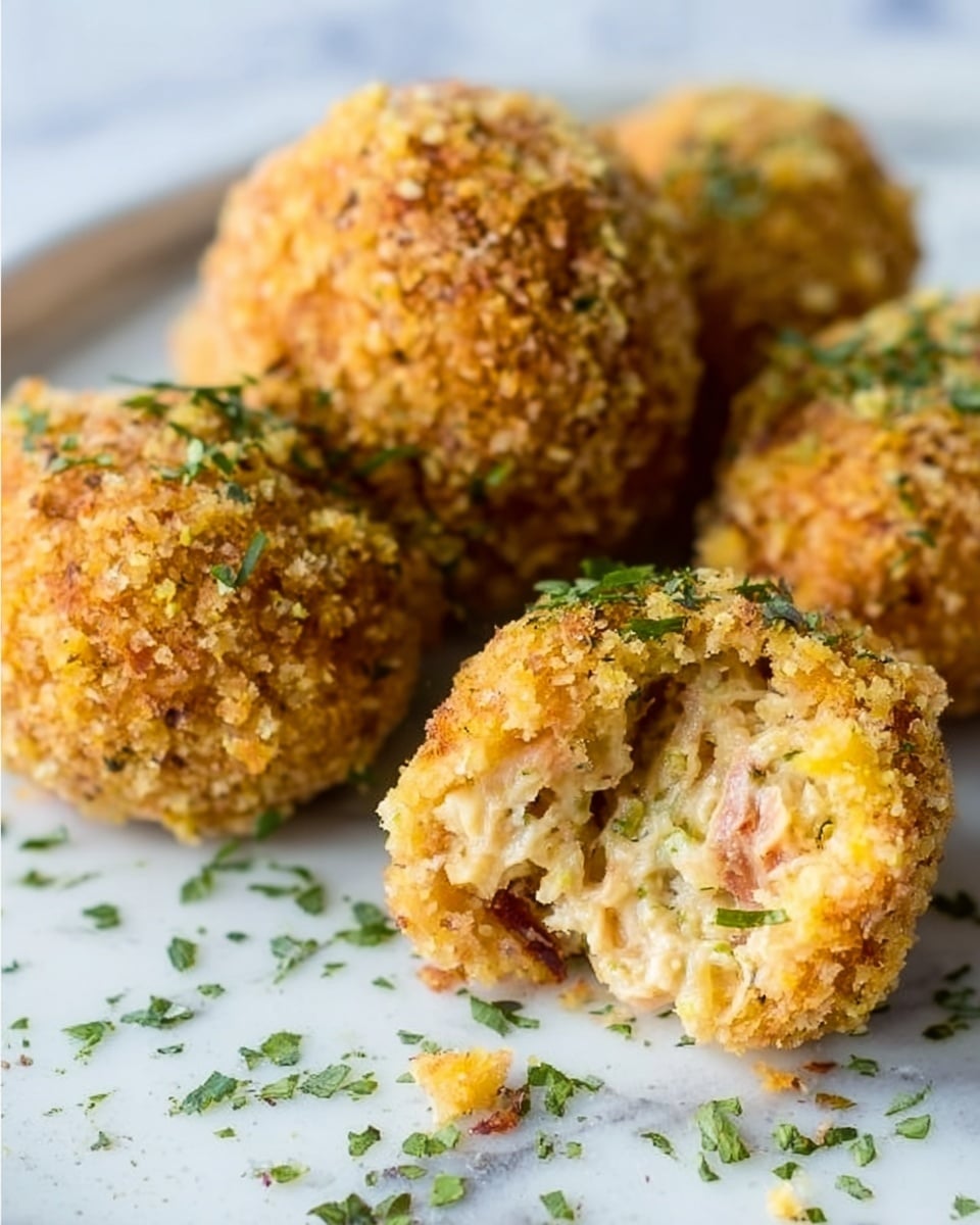 The image shows a close-up of several crispy golden brown croquettes with a crunchy textured crumb outside and a soft, moist filling inside, made up of small pieces of light beige and pinkish ingredients. One of the croquettes is slightly broken open to reveal the filling, which looks creamy with tiny green herb bits scattered inside. The croquettes are placed on a white plate with some green herb sprinkles around, sitting on a white marbled surface. The lighting highlights the crunchy texture and fresh filling clearly. Photo taken with an iphone --ar 4:5 --v 7