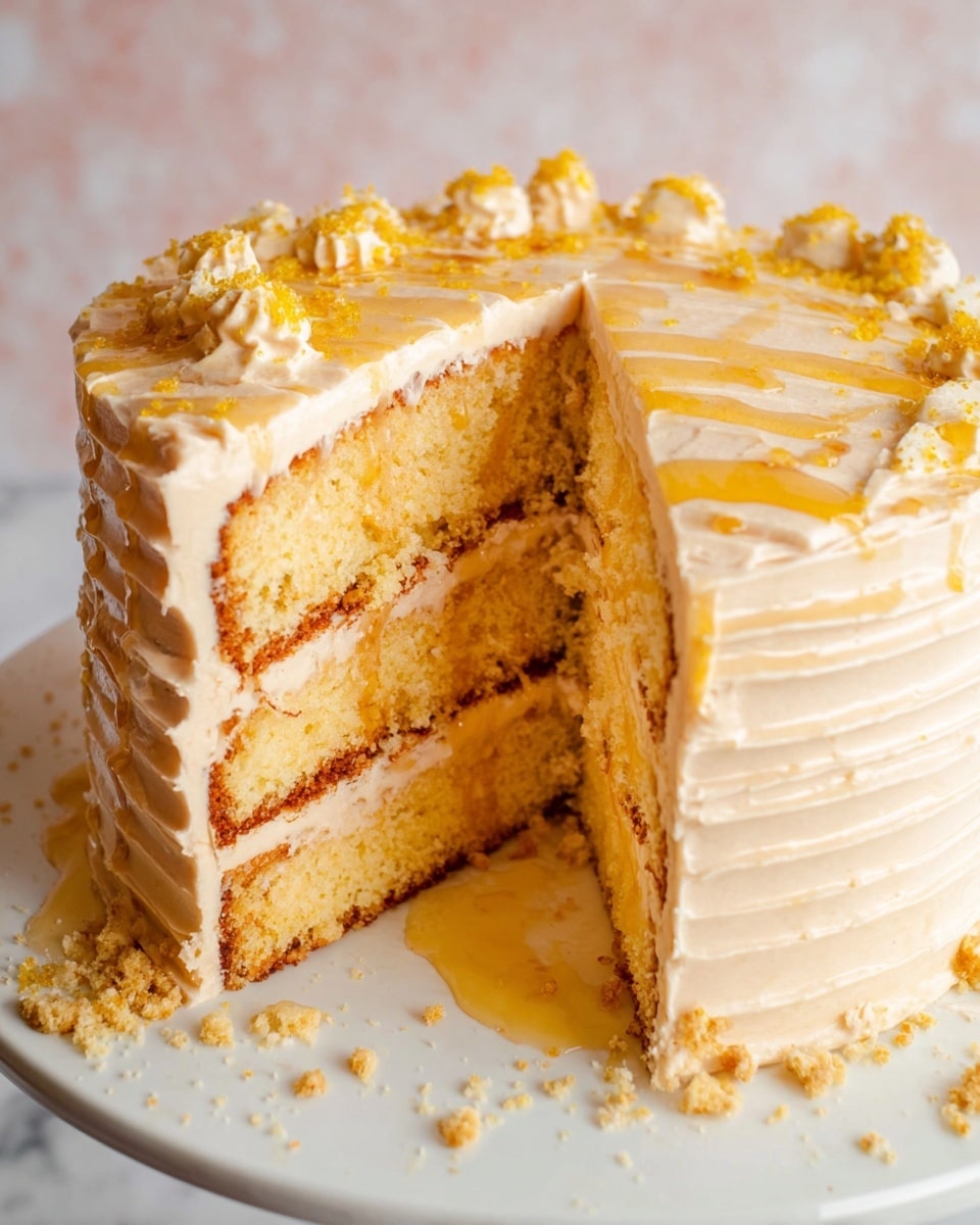 This image shows a three-layer cake being frosted on a white plate. The cake layers are golden brown with a soft texture. Between each layer is a thick spread of light cream-colored frosting that looks whipped and smooth but not perfectly even. In the top part of the image, a woman's hand is holding a spatula, lifting the top cake layer to place it on the frosting. In the bottom part, the cake has all three layers stacked, and a thick layer of the same light cream frosting is being spread over the side with a metal spatula, creating a textured and fluffy surface. The background has a warm indoor setting with soft light. The cake sits on a white marbled surface. photo taken with an iphone --ar 4:5 --v 7