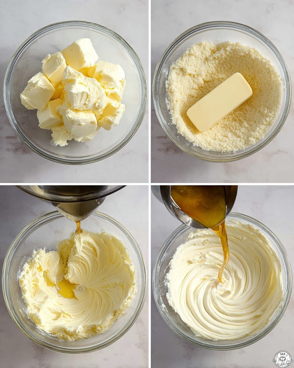 The images show a sequence of preparing a creamy mixture in a clear round bowl. The first layer is large chunks and a smooth block of pale yellow butter placed inside the bowl on a white marbled background. The second layer shows the mixture blended into a soft, grainy pale yellow paste filling most of the bowl. The third layer adds a shiny tablespoon of golden liquid being poured into the same pale yellow grainy mixture. The fourth layer shows a smooth, thick, creamy mixture with a white and pale yellow swirl pattern filling the bowl. Photo taken with an iphone --ar 4:5 --v 7