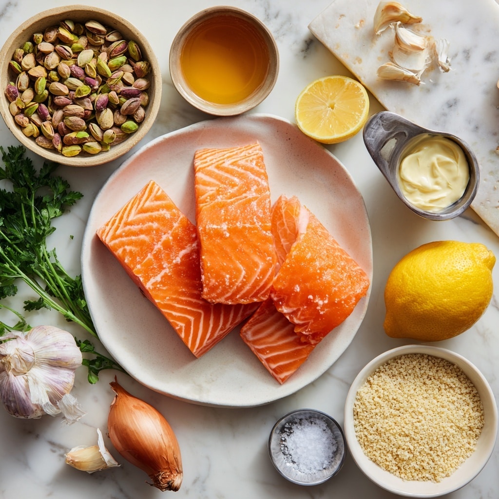 The image shows fresh ingredients neatly arranged on a white marbled surface. At the center is a white plate holding three bright orange salmon fillets with white marbling lines. Above and around the salmon, there are several small bowls and items: a bowl of green pistachios to the left, a bowl with light amber honey above it, and a bowl with a creamy white mayo to the right. Nearby are a small metal cup with yellow oil and a lemon placed next to a whole garlic clove. At the bottom right, there is a white bowl filled with pale breadcrumb-like panko. A small beige dish with white salt is placed below the lemon. To the left bottom corner, there is a fresh shallot with brownish skin, some green parsley sprigs, and a small bowl containing pale yellow dijon mustard. The ingredients are spaced evenly and clearly visible. Photo taken with an iphone --ar 4:5 --v 7
