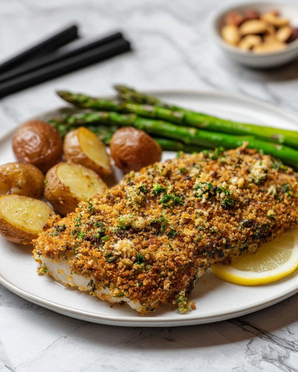 The dish shows a white plate with a large piece of fish covered in a thick, crunchy, golden-brown breadcrumb crust with green herbs mixed in, sitting on the right side of the plate. Underneath the fish, a thin slice of lemon peeks out. On the left side, there are small roasted potatoes with a golden-brown skin and bright green asparagus spears that look tender and shiny. In the background, a small white bowl holds some scattered nuts. The whole scene is set on a white marbled surface, with a pair of black chopsticks resting at the back of the plate. Photo taken with an iphone --ar 4:5 --v 7