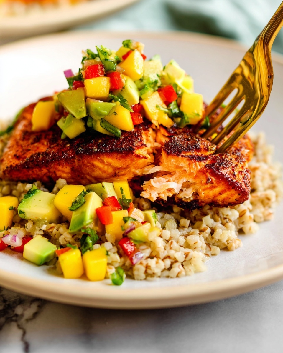 A white plate holds a bed of light brown cooked grains with a slightly chewy texture as the base layer, topped by a thick, grilled salmon fillet with a crispy and charred orange-brown crust. On top of the salmon sits a colorful salsa made of diced yellow mango, green avocado, red bell pepper, and fresh green herbs, adding a bright burst of colors and fresh texture. A golden fork is piercing the salmon, lifting a piece with some salsa. The plate rests on a white marbled surface, and the whole scene is bright and fresh. Photo taken with an iphone --ar 4:5 --v 7