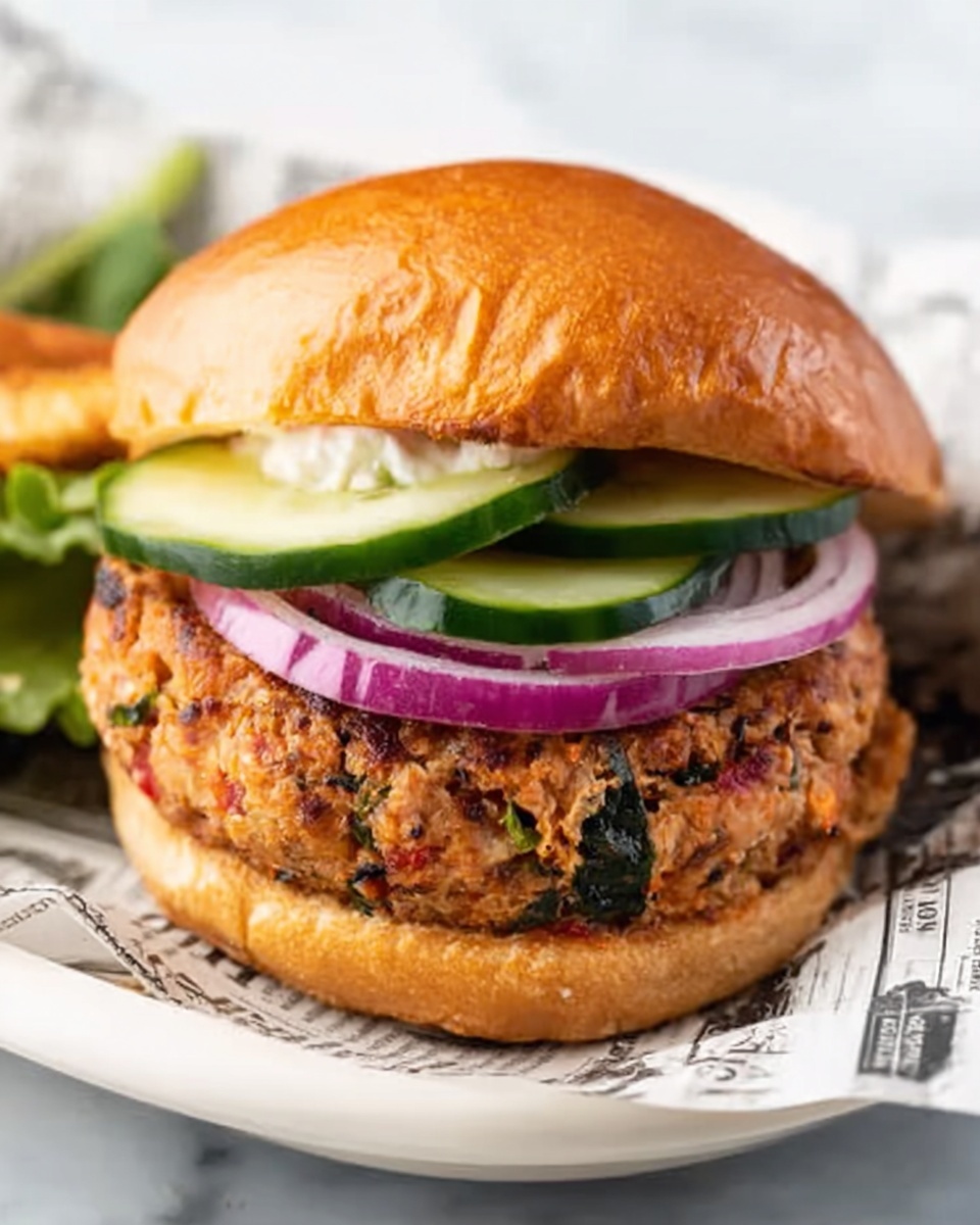 A close-up of a sandwich with a shiny golden brown bun on the top and bottom. Inside, there are two thick slices of dark green cucumber directly under the top bun, followed by a few thin rings of purple onion. Under the onions is a thick, juicy patty with a mixed texture showing bits of red, green, and brown, sitting on the bottom bun. The sandwich is placed on a white plate lined with paper that looks like old newspaper, and the background is a white marbled surface. Photo taken with an iphone --ar 4:5 --v 7