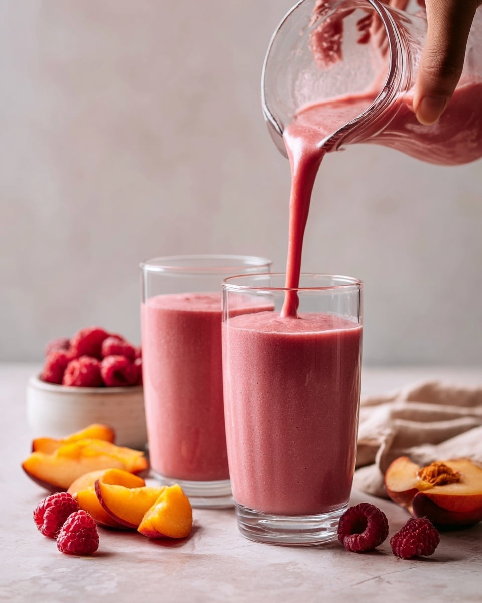 The image shows two clear glasses filled with a smooth, pink smoothie, placed on a white marbled surface. A woman's hand is pouring more of the pink smoothie from a clear glass pitcher into one of the glasses. Around the glasses, there is a small white bowl with red raspberries and a white bowl filled with sliced orange peaches. Whole raspberries are scattered on the white marbled surface near the bowls and glasses. The light is soft, highlighting the creamy texture and vibrant colors. photo taken with an iphone --ar 4:5 --v 7