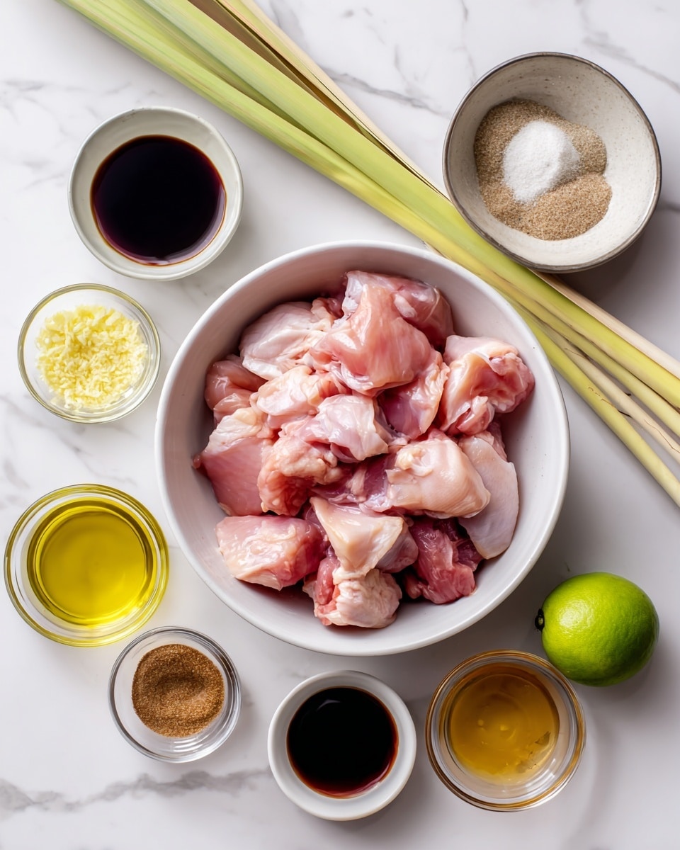 The image shows a white bowl on a white marbled surface filled with raw pink chicken pieces. Around the bowl, there are several small clear containers and items: a cup with dark brown fish sauce, a small bowl of light yellow minced garlic, a small bowl of light brown sugar, a small bowl of dark brown soy sauce, a small cup of clear oil, and a whole green lime next to a small cup of lime juice. Above all the ingredients, there is a long yellow-green lemongrass stalk. Each ingredient is labeled with simple text on the image. photo taken with an iphone --ar 4:5 --v 7