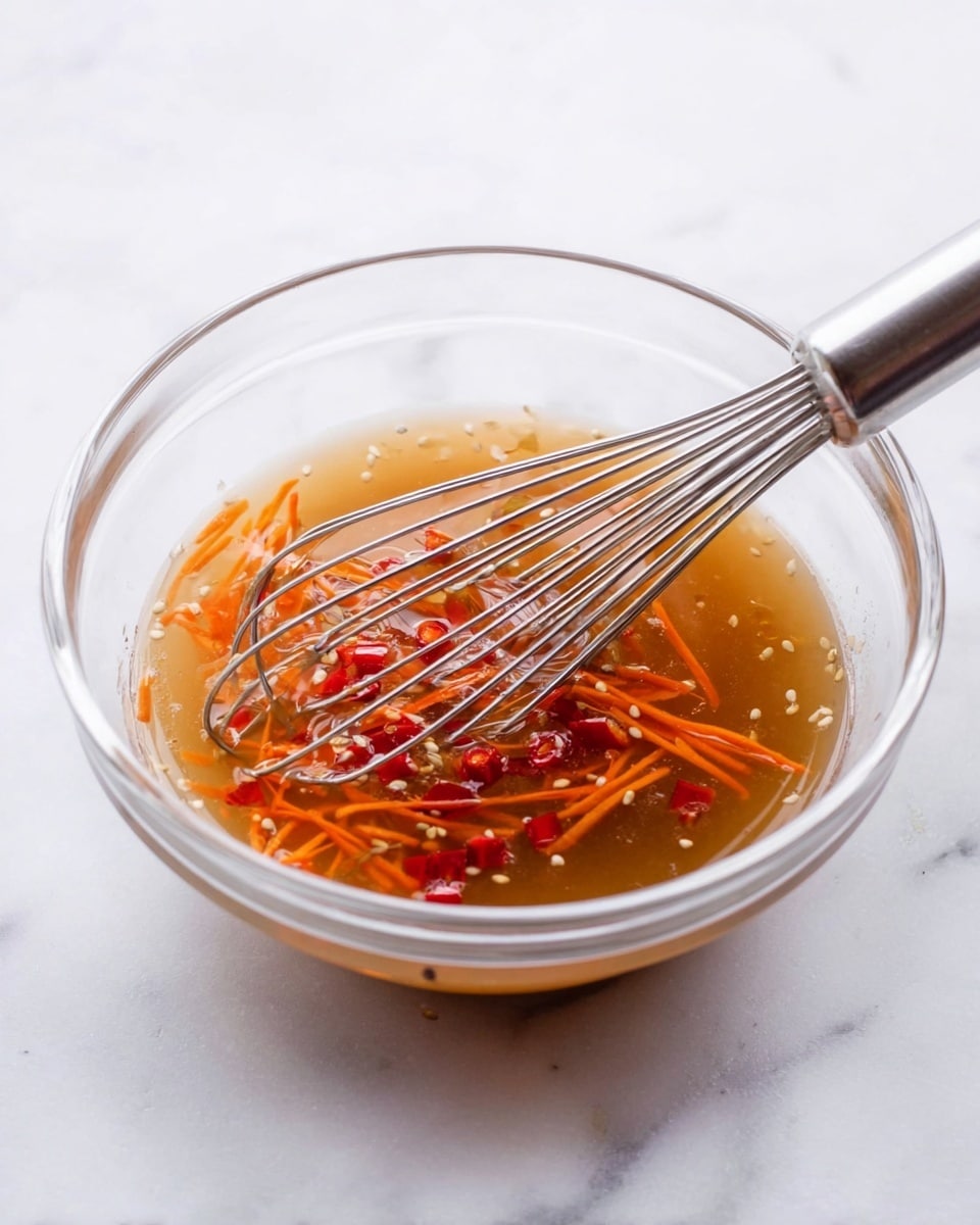 A clear glass bowl filled with a light brown liquid sauce, mixed with thin orange carrot strips and small red chili slices floating on top. A metal whisk with a shiny silver handle is partially dipped in the bowl, resting inside the sauce, with some chili seeds visible around the whisk wires. The bowl sits on a white marbled surface, with soft natural light highlighting the textures and colors. photo taken with an iphone --ar 4:5 --v 7