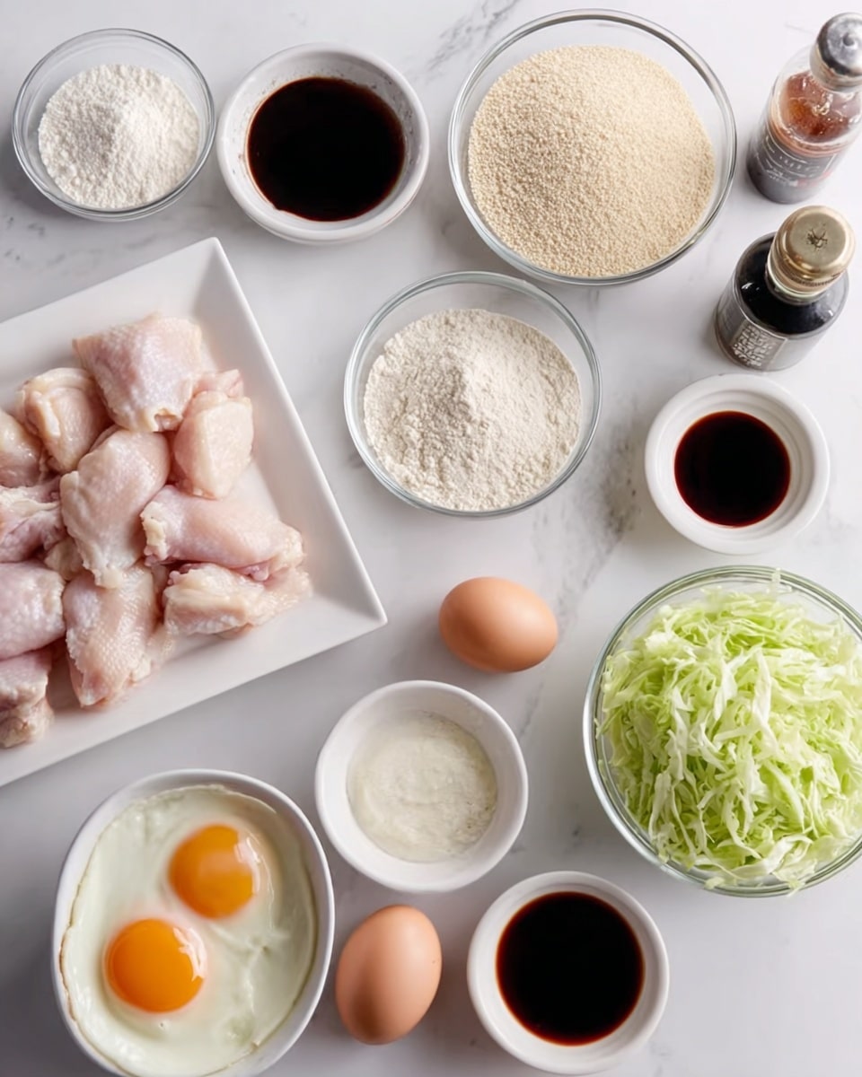 The image shows several ingredients arranged neatly on a white marbled surface. There is a white square plate with raw skinless chicken pieces, surrounded by clear glass bowls and small white dishes containing various ingredients. These include white flour, a beige powder, a bowl of light-colored grains, a bowl with a sunny-side-up egg with an orange yolk, and shredded green cabbage in a white bowl. Two brown eggs sit beside the bowls. There are also two dark liquid sauces in small glass bowls and a small bottle with a dark liquid. The setup is clean and well-organized, ready for cooking. photo taken with an iphone --ar 4:5 --v 7