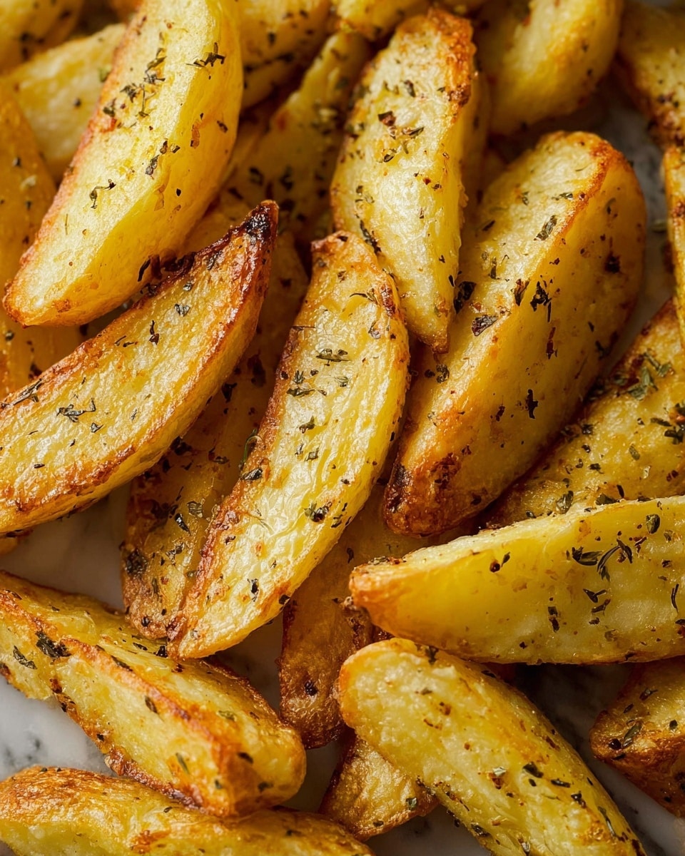 The image shows a close-up of many golden-yellow potato wedges with light brown edges and sprinkled black herbs all over. The wedges are slightly shiny, suggesting they have oil on them, and have a crispy texture with some darker spots where they are cooked more. The background is out of focus but looks like a white marbled texture. photo taken with an iphone --ar 4:5 --v 7