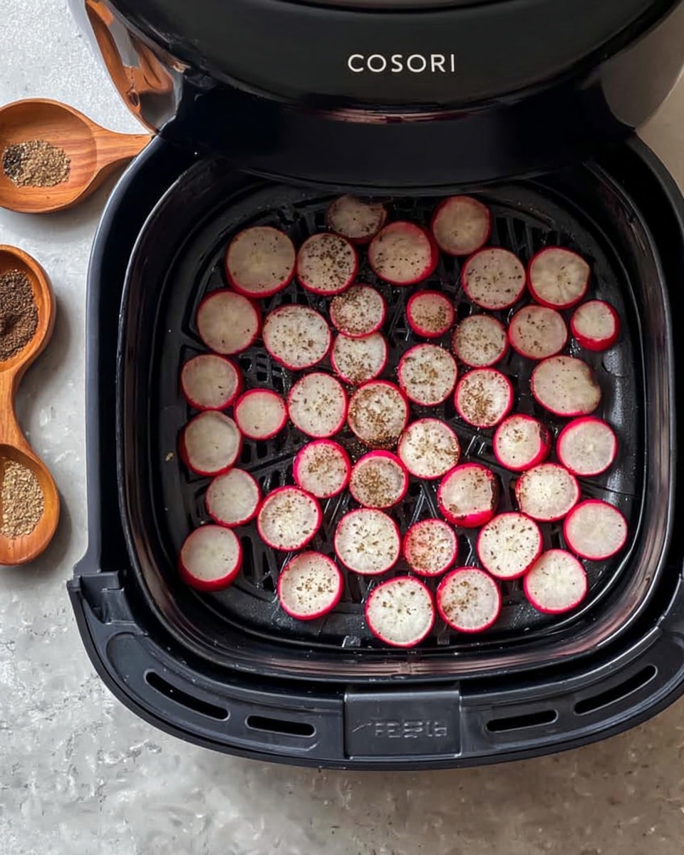 The image shows a black air fryer basket with thin, round slices of radishes spread evenly on the black grid inside. The radish slices are mostly white with bright red edges and are sprinkled lightly with black pepper. The air fryer has a glossy black surface with the brand name