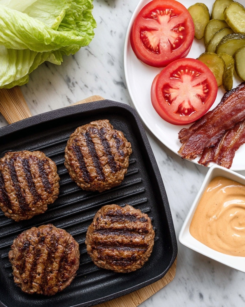 Four grilled burger patties with dark grill marks sit on a black cast iron grill pan. Above, a white plate holds several bright red tomato slices, several green pickle slices, and crispy cooked bacon strips arranged side by side. To the right is a small white square bowl filled with creamy orange sauce. The scene is set on a white marbled surface with a wooden cutting board and some leafy green lettuce partially visible. photo taken with an iphone --ar 4:5 --v 7
