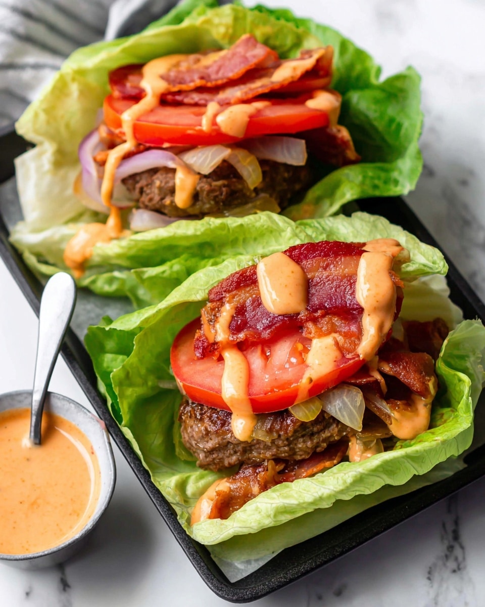 Two lettuce wraps filled with layers of ingredients sit on a black tray on a white marbled surface. Each wrap has a base layer of bright green lettuce leaves wrapped around the filling. Inside, there is a thick, browned beef patty topped with caramelized onions that look soft and golden. On top of the onions, there are reddish-pink slices of bacon, followed by two slices of fresh red tomato. The wraps are finished with a drizzle of creamy orange sauce that adds a smooth texture on top and around the ingredients. A spoon with sauce and a small bowl of extra sauce sit nearby. Photo taken with an iphone --ar 4:5 --v 7