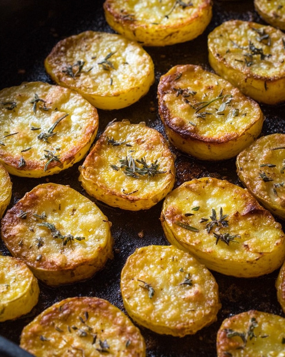 The image shows several slices of roasted potatoes arranged in close rows on a dark baking tray. The potato slices are golden yellow with crispy light brown edges and small dark herbs sprinkled across them. Each slice has a slightly rough texture and some small raised bubbles on the surface, indicating a roasted finish. The tray's black surface contrasts with the warm colors of the potatoes. The photo taken with an iphone --ar 4:5 --v 7