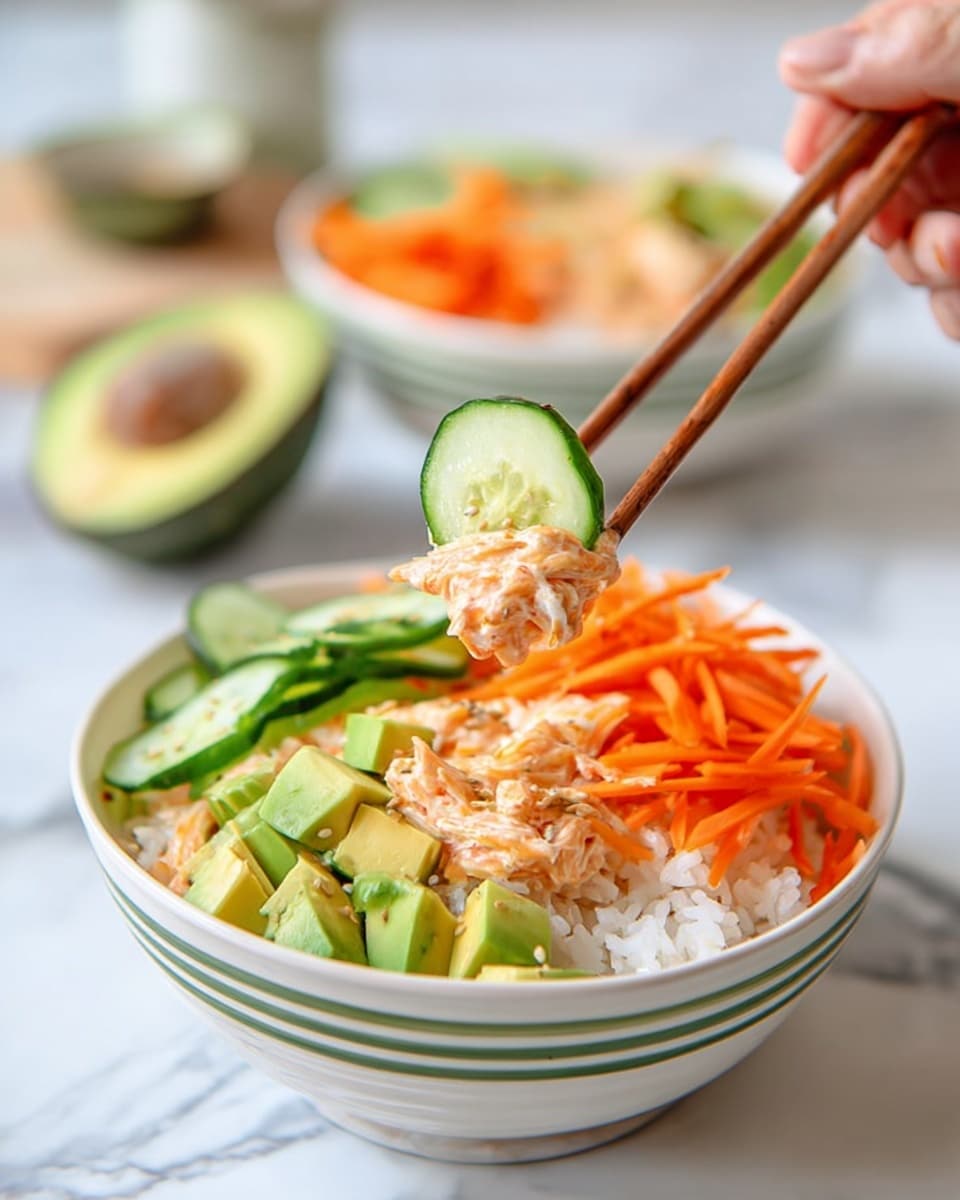 A white bowl with green stripes holds a colorful layered dish starting with a base of white rice. On top, there are several bright orange shredded carrots positioned on one side, fresh green avocado cubes scattered over, and thin cucumber slices arranged neatly on the other side. Mixed in the middle is a creamy light pinkish-orange salad with a slightly textured look, appearing soft and smooth. A woman's hand holding wooden chopsticks lifts a bite of this mixture along with a cucumber slice and an avocado piece above the bowl. The background includes a blurred half avocado and another bowl, set on a white marbled surface. photo taken with an iphone --ar 4:5 --v 7