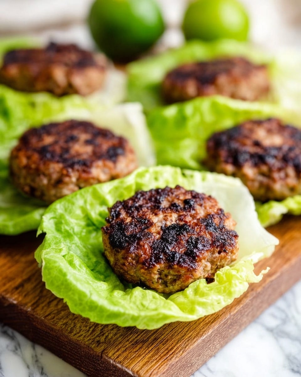 The image shows several cooked patties with a browned and slightly charred texture on top, each placed on a light green lettuce leaf that acts as a small bed or cup for the patty. These lettuce cups are arranged on a wooden board that rests partly on a white marbled surface. In the background, there are halved limes adding a fresh, vibrant touch with their bright green color. The focus is sharp on the patty in the front center, highlighting the crispy outside and the fresh, crinkled lettuce leaves beneath it. Photo taken with an iphone --ar 4:5 --v 7