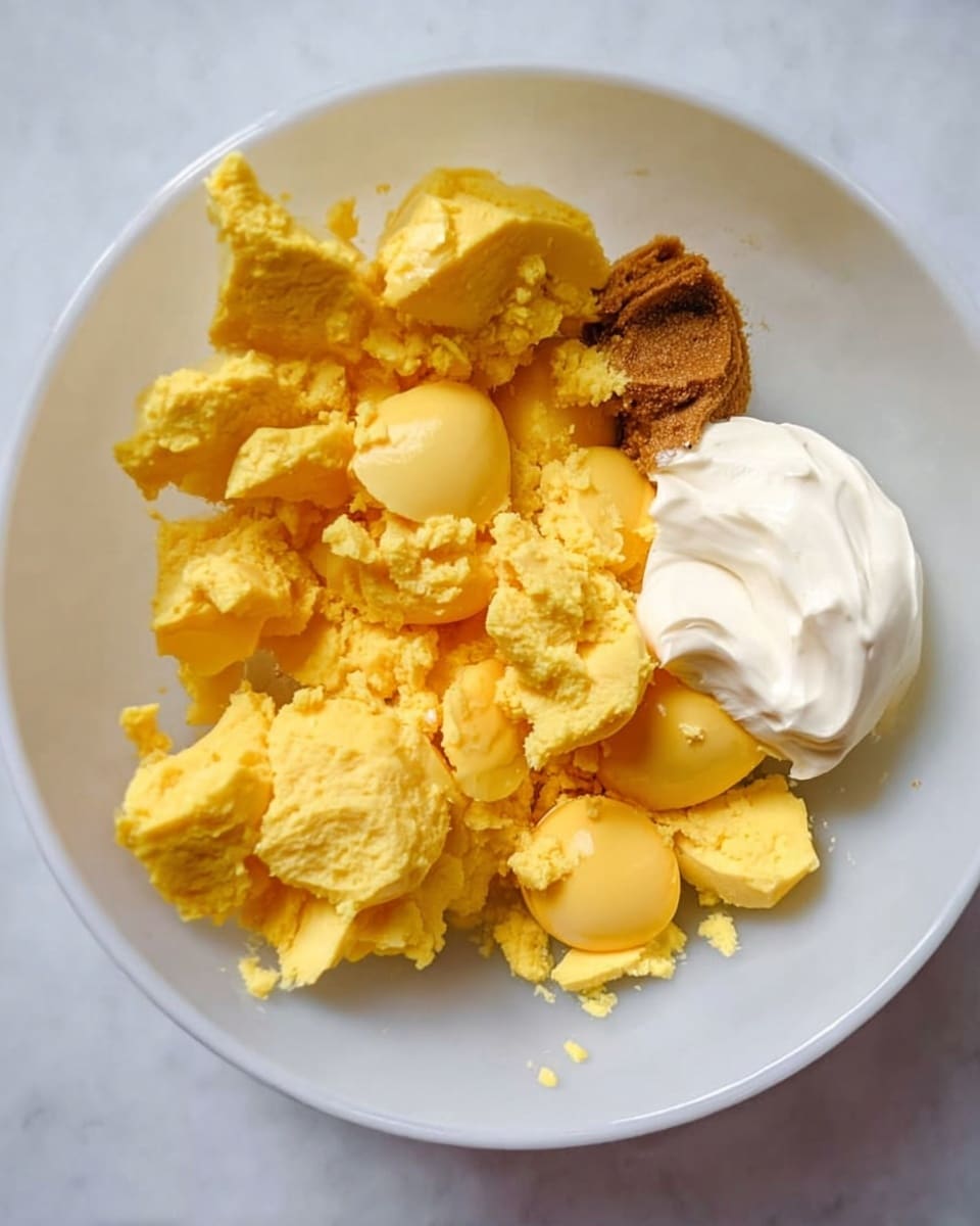 A white bowl holds several roughly broken bright yellow egg yolks scattered across the bottom, showing crumbly texture with small and large pieces. On the side, there is a dollop of creamy white mayonnaise and a smaller portion of thick, dark brown mustard sitting next to the yolks. The bowl is placed on a white marbled surface, with soft natural lighting making the colors pop clearly. photo taken with an iphone --ar 4:5 --v 7