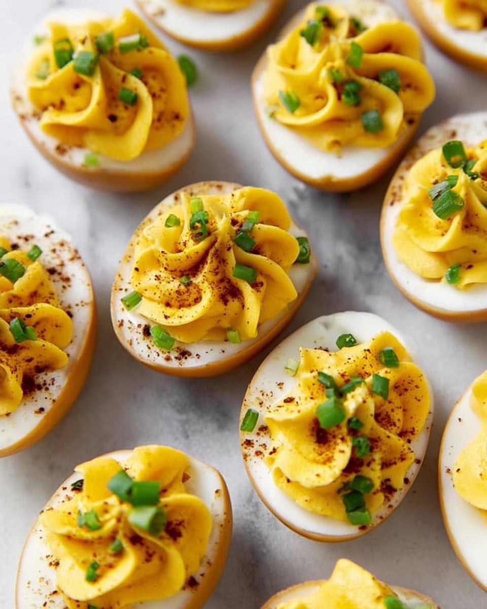 The image shows several halved eggs arranged neatly on a white marbled surface. Each egg has two layers: the outer egg white, which is light brown from a marinade, and the inner filling, piped in bright yellow swirls that look creamy and smooth. The yolk filling is topped with small pieces of green herbs and a light sprinkle of ground black pepper. The eggs are placed close together, filling the frame in a tidy pattern. photo taken with an iphone --ar 4:5 --v 7