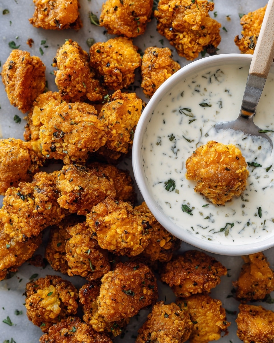The image shows a grey surface scattered with many small, golden-brown fried pieces that have a crispy texture with some dark flecks, suggesting herbs or seasoning inside. In the upper right part of the image, there is a white bowl filled with a creamy white sauce with visible green leafy herbs mixed through. A metal spatula with a light wooden handle is placed near the center, lifting a cluster of the fried pieces. The overall look highlights the crunchy fried texture and the creamy sauce for dipping on a white marbled background. Photo taken with an iphone --ar 4:5 --v 7