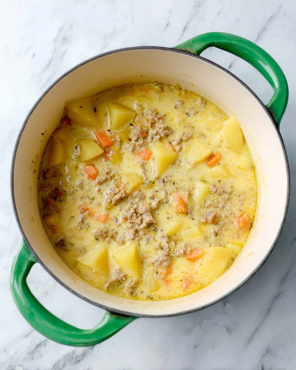 A white pot with green handles filled with a creamy soup containing visible chunks of yellow potatoes and orange carrots, along with light brown pieces of ground meat, all submerged in a thick pale yellow broth. The pot is set on a white marbled surface with some texture and veining. The soup appears warm and hearty with a smooth, rich liquid surrounding the solid ingredients. Photo taken with an iphone --ar 4:5 --v 7
