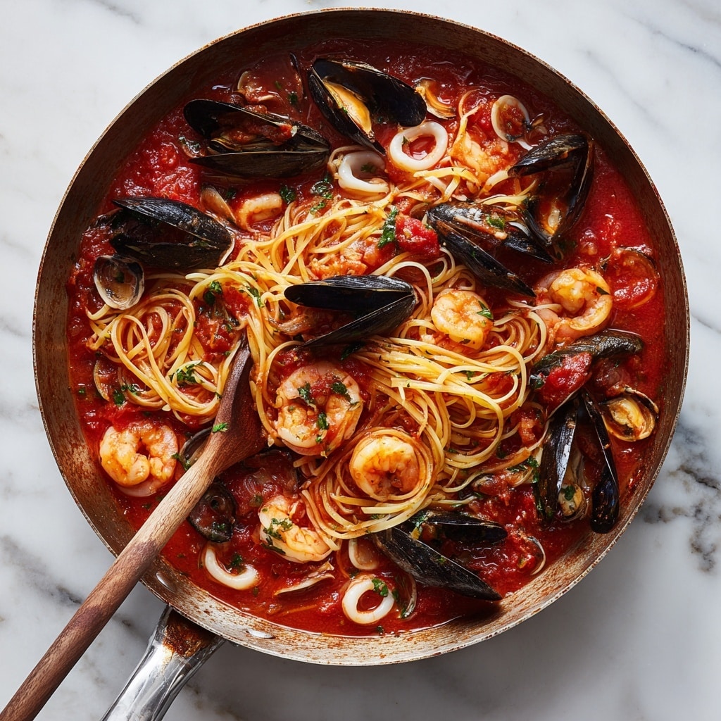 A metal pan filled with a rich red tomato sauce base covering pieces of seafood including black mussels, small shrimp, and white squid rings, with some shells open and others closed, giving a textured look; the pan is on a surface with a white marbled texture and has a wooden spoon resting inside it near the edge. Another metal pan, also on the white marbled surface, contains the same seafood mixture but now mixed with a layer of light golden yellow pasta strands, intertwined with the seafood and sauce, creating a layered, tangled appearance with the shells and shrimp scattered evenly across the top; a metal serving spoon and tongs rest inside this pan. Photo taken with an iphone --ar 4:5 --v 7