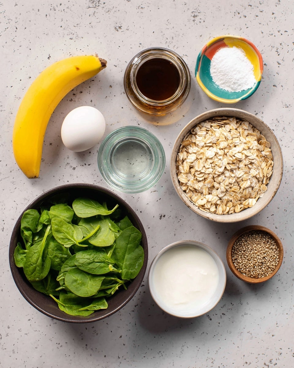 The image shows several ingredients placed on a white marbled surface. There is one whole egg on the left side, next to a yellow banana. Near them, a small glass jar of dark syrup and a small glass bowl with clear liquid are visible. A dark brown bowl filled with light beige oats is on the right side, with a small white bowl of thick white yogurt nearby. A small brown bowl contains light brown flax seeds. In the center, a dark bowl is filled with fresh green spinach leaves. Above the spinach bowl is a small white plate with a colorful top edge holding white powder and salt. The arrangement looks neat and organized. photo taken with an iphone --ar 4:5 --v 7