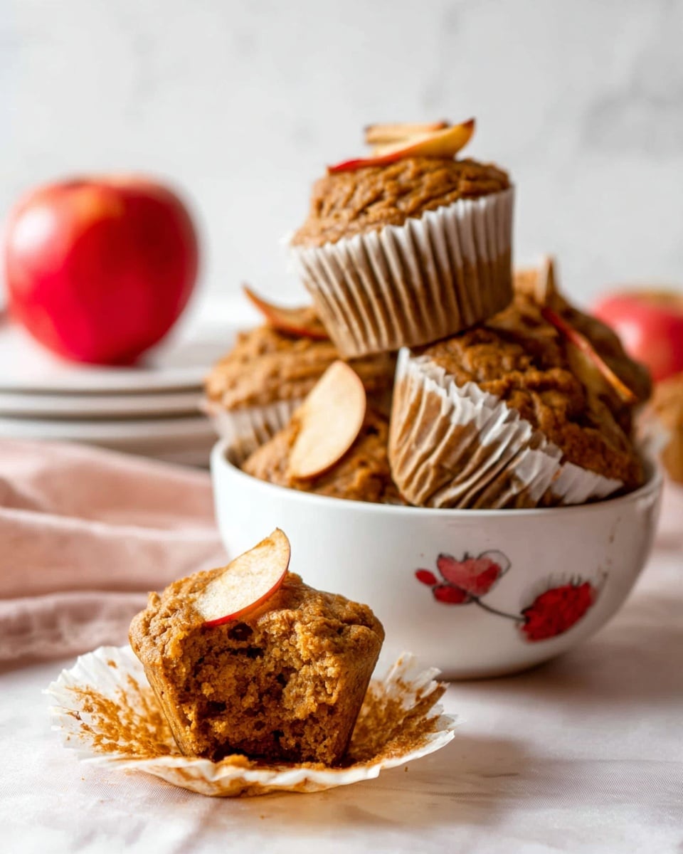 The image shows a group of muffins, each topped with thin slices of dried apple. There are at least six muffins, five stacked inside a white bowl with a small red berry design and one muffin in front with its paper liner peeled down and a bite taken from it. The muffins have a rough, crumbly texture and a warm brown color. The white paper liners contrast with the muffins’ darker shade. In the background, a slightly blurred red apple sits on white plates, all set against a softly lit white marbled surface. The scene looks cozy and simple, with a soft natural light. photo taken with an iphone --ar 4:5 --v 7