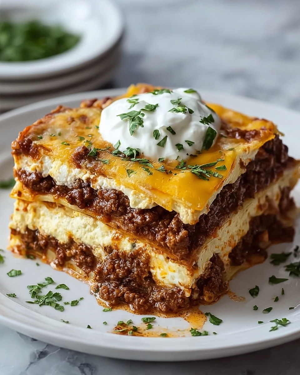 A white rectangular casserole dish filled with a baked layered dish. The bottom layer is a rich brown meat sauce that looks thick and hearty. Over the meat sauce is a thick layer of melted cheese, mostly light yellow with some areas of golden brown from baking. Small green parsley leaves are scattered evenly on top of the cheese for color. The dish is placed on a white marbled surface with a soft, blurred kitchen background. Photo taken with an iphone --ar 4:5 --v 7