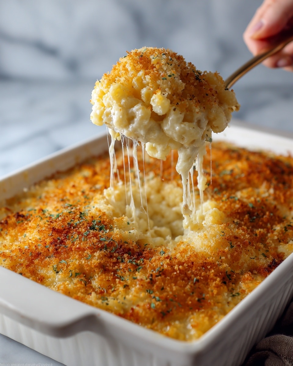 A glass baking dish filled with a baked casserole that has a thick golden-brown top layer with bubbly, slightly crisped cheese and breadcrumb bits sprinkled with green herbs. The sides of the dish reveal creamy layers beneath the crust showing a smooth, melted texture with hints of seasoning. The background is a white marbled surface, and part of a blue-gray cloth can be seen near the dish. The photo taken with an iphone --ar 4:5 --v 7